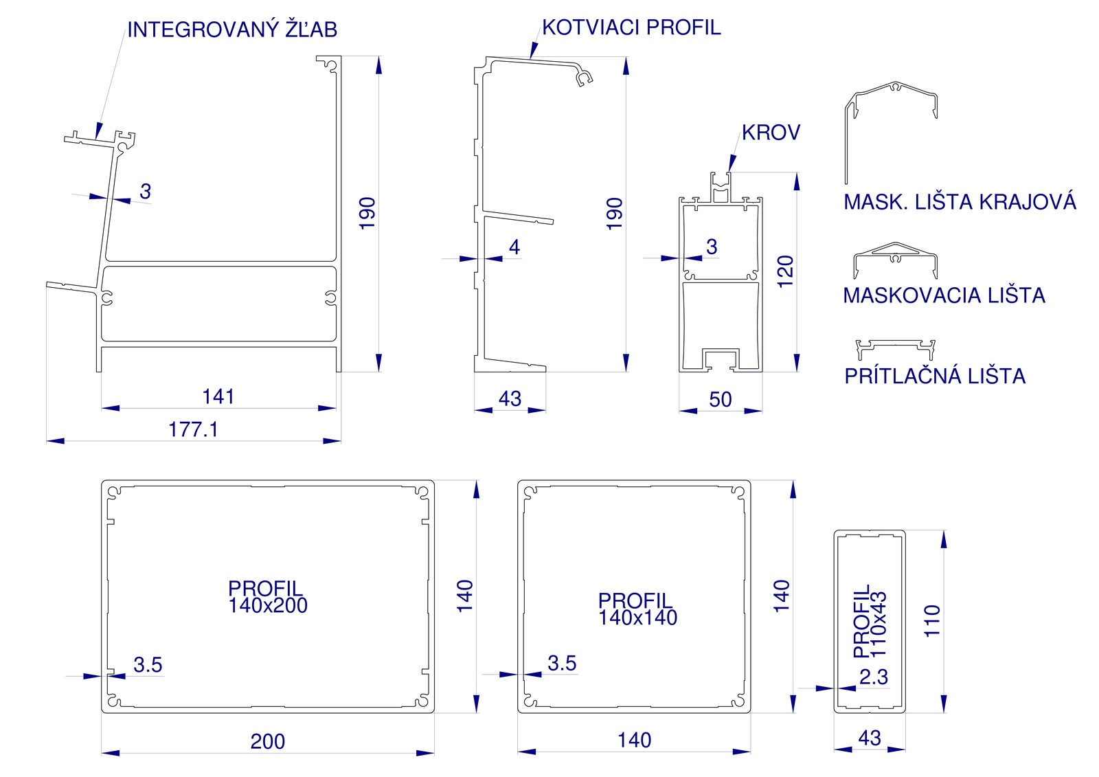 AL profily MASSIVE - technický výkres profilů 140x200, 140x140, 110x43