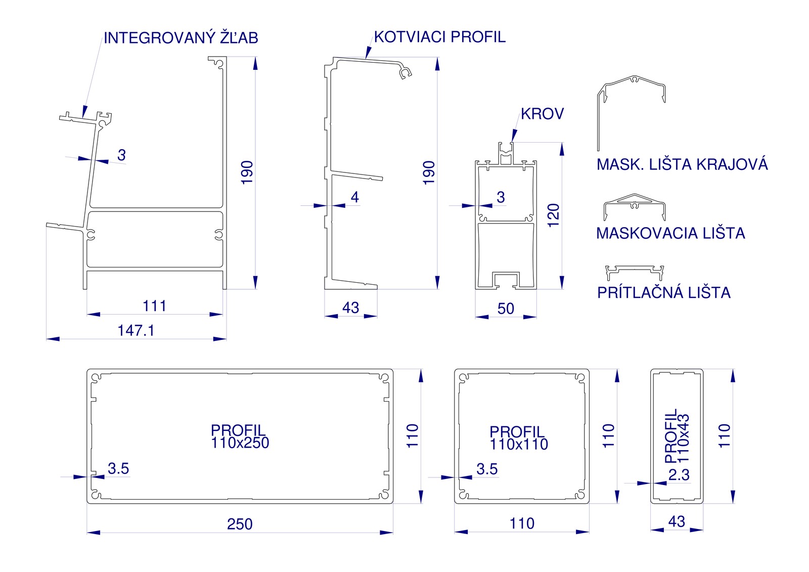 AL profily ROBUST - technický výkres profilů 110x250, 110x110, 110x43