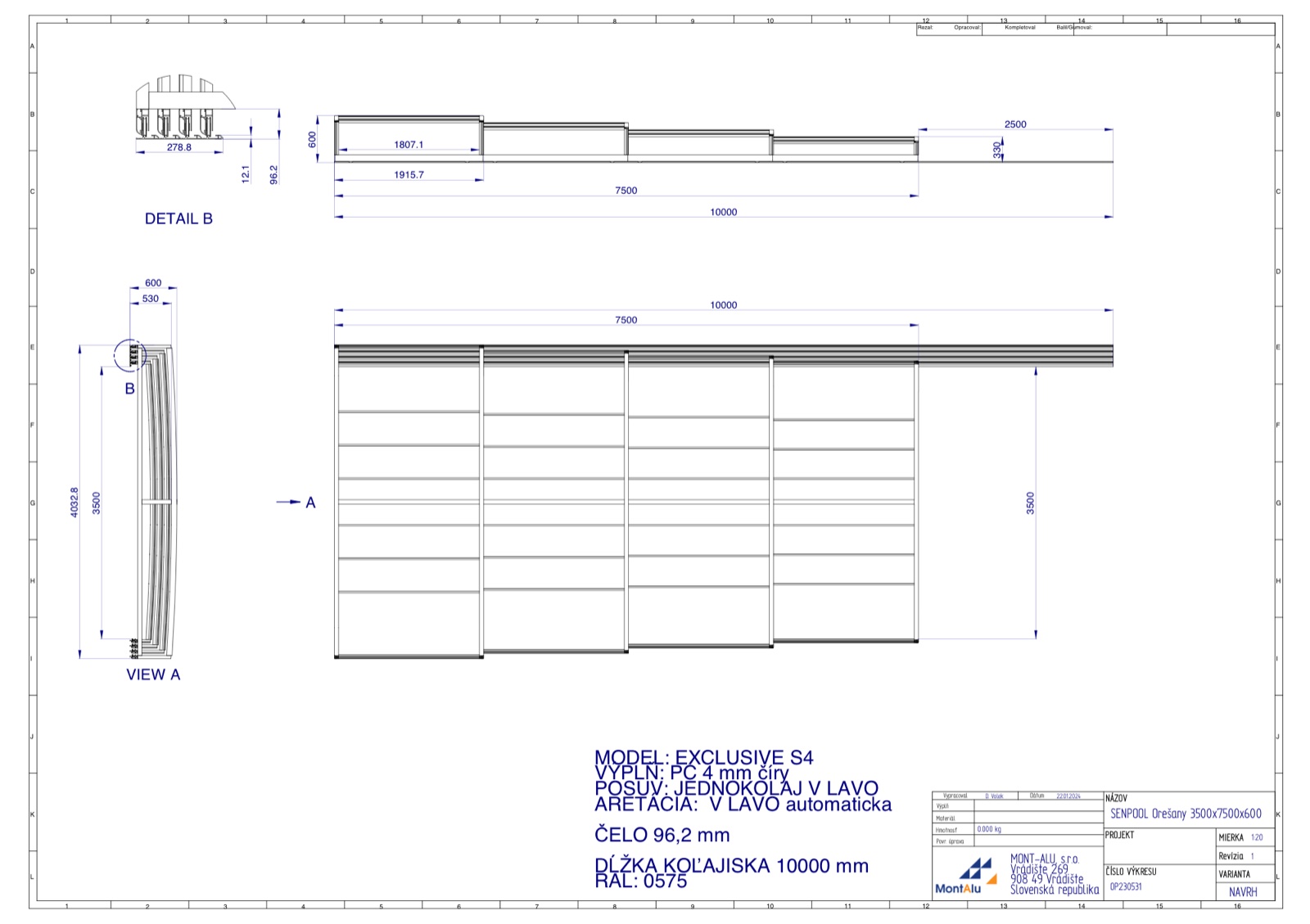 Technický výkres zastřešení bazénu - návrh 3500×7500 mm
