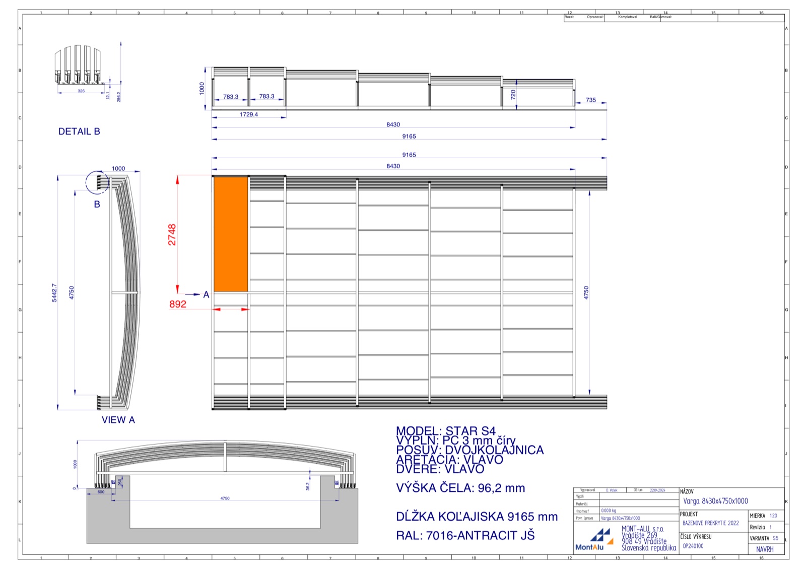 Technický výkres zastřešení bazénu - návrh 8430×4750 mm
