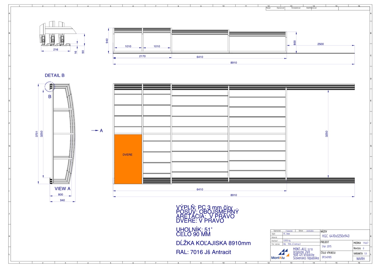 Technický výkres zastřešení bazénu - návrh 6410×3250 mm