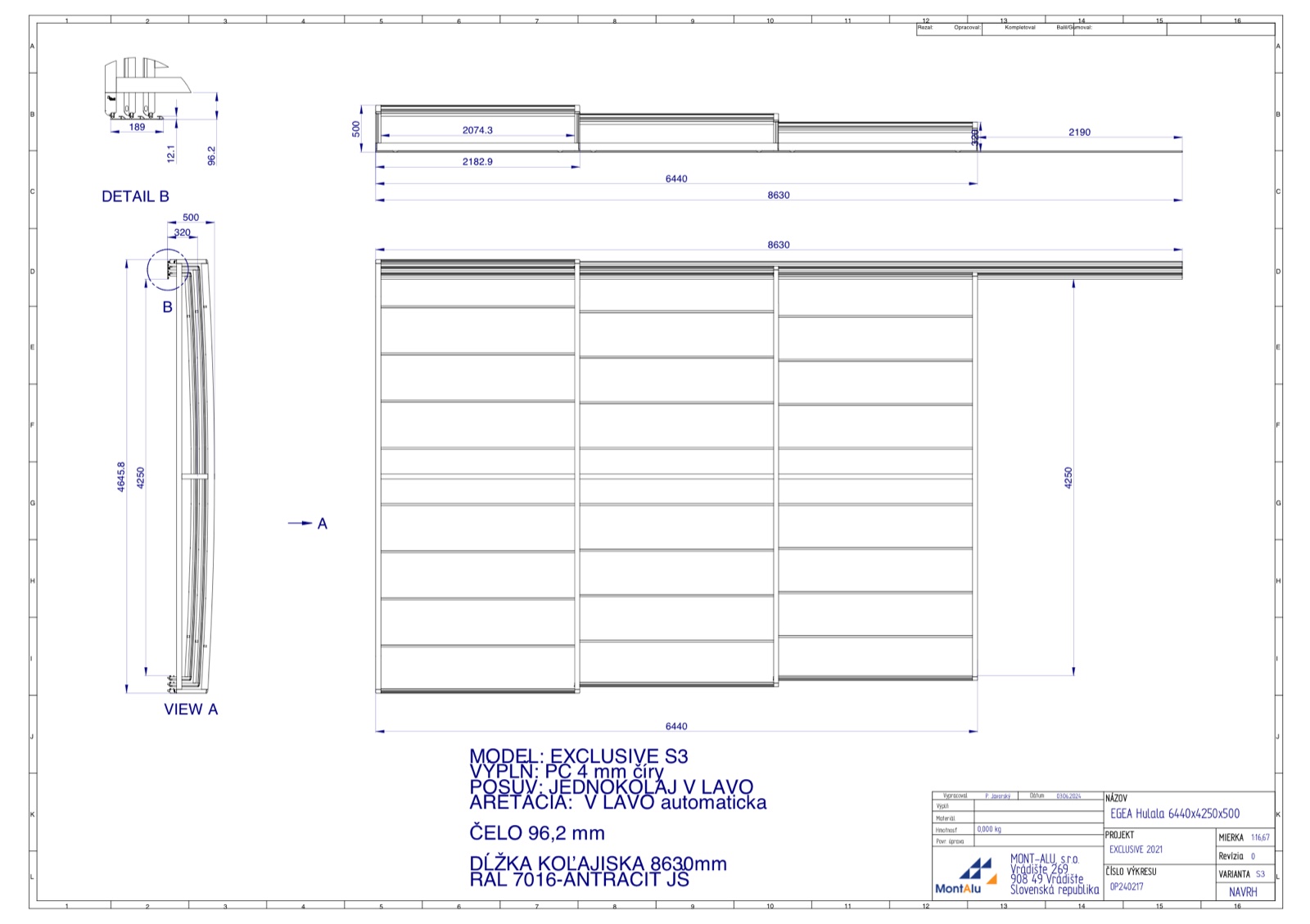 Technický výkres zastřešení bazénu - návrh 6440×4250 mm