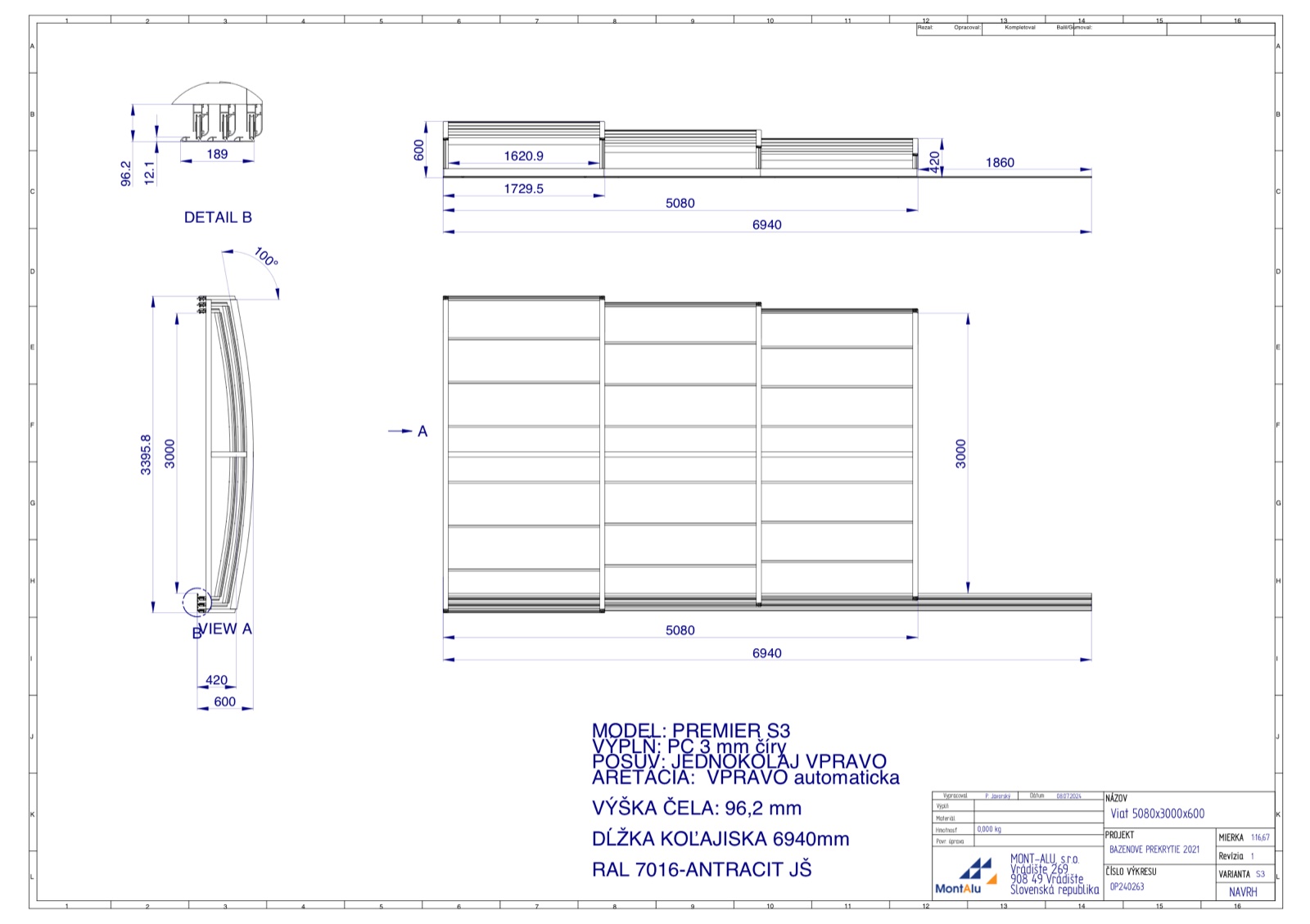 Technický výkres zastřešení bazénu - návrh 5080×3000 mm