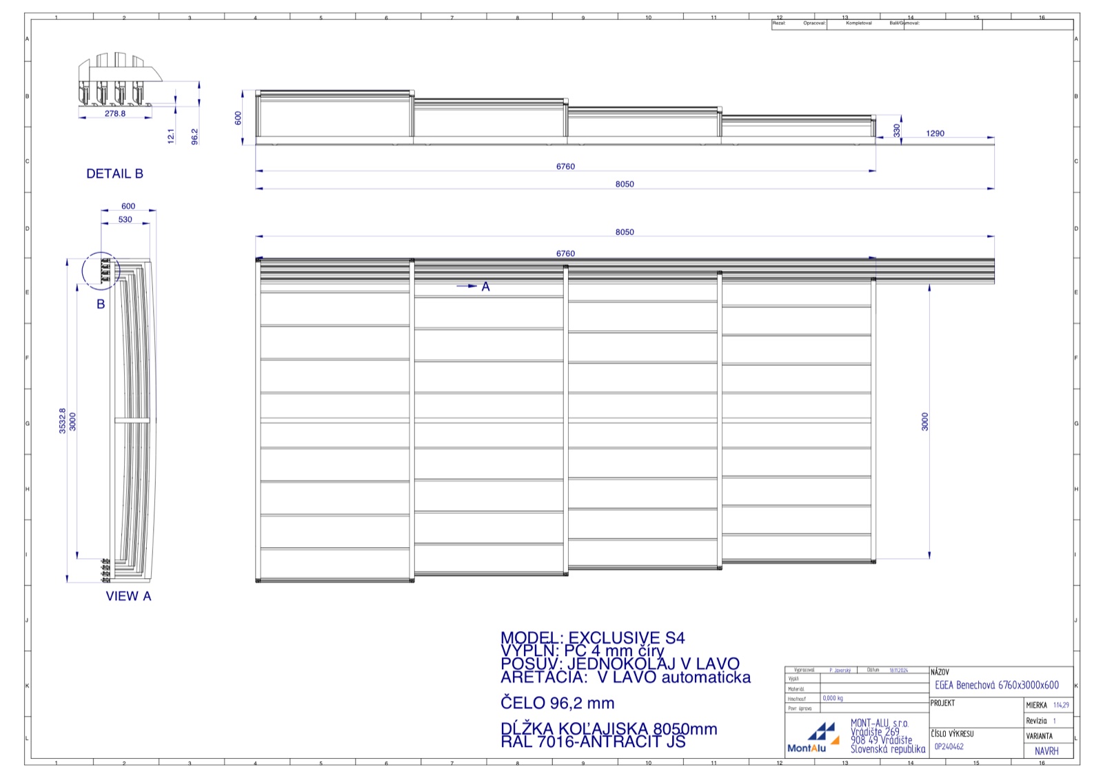 Technický výkres zastřešení bazénu - návrh 6760×3000 mm