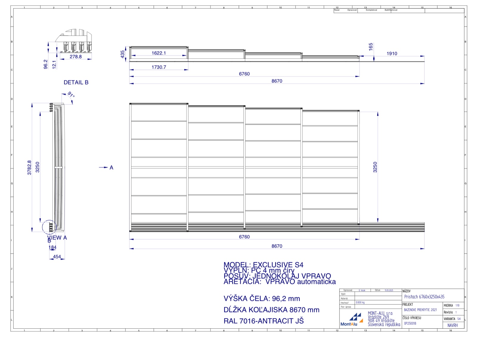 Technický výkres zastřešení bazénu - návrh 6760×3250 mm
