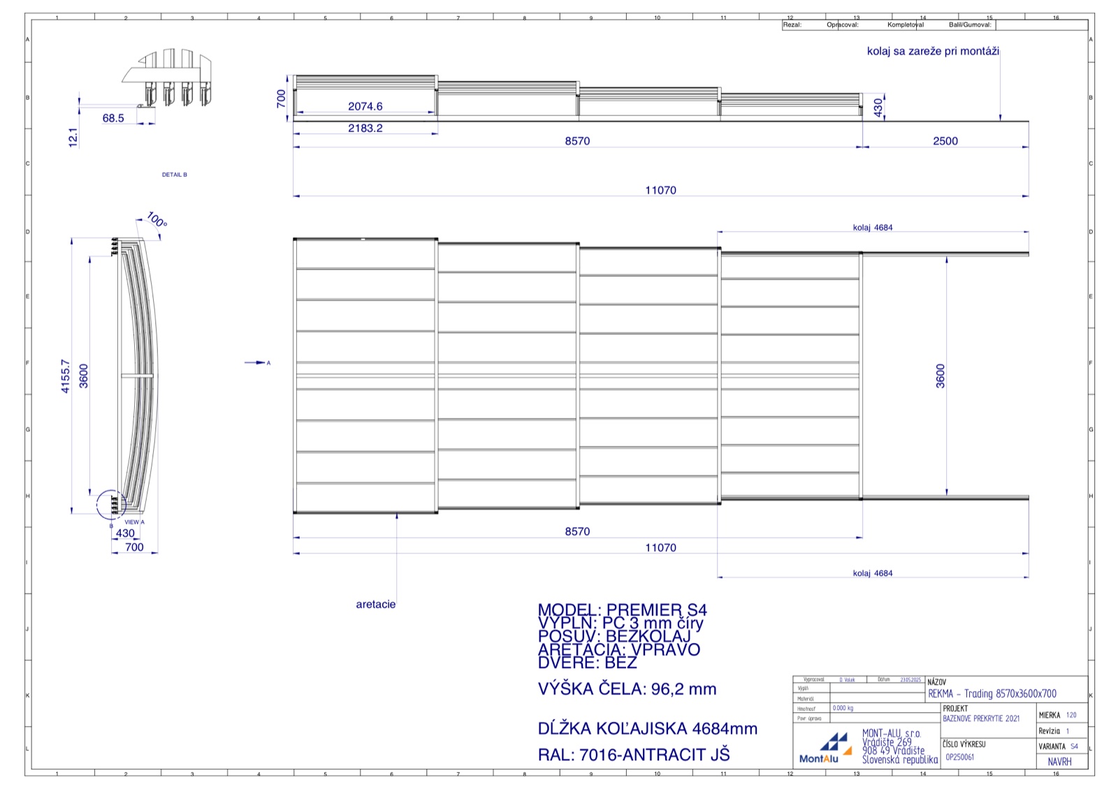 Technický výkres zastřešení bazénu - návrh 8570×3600 mm