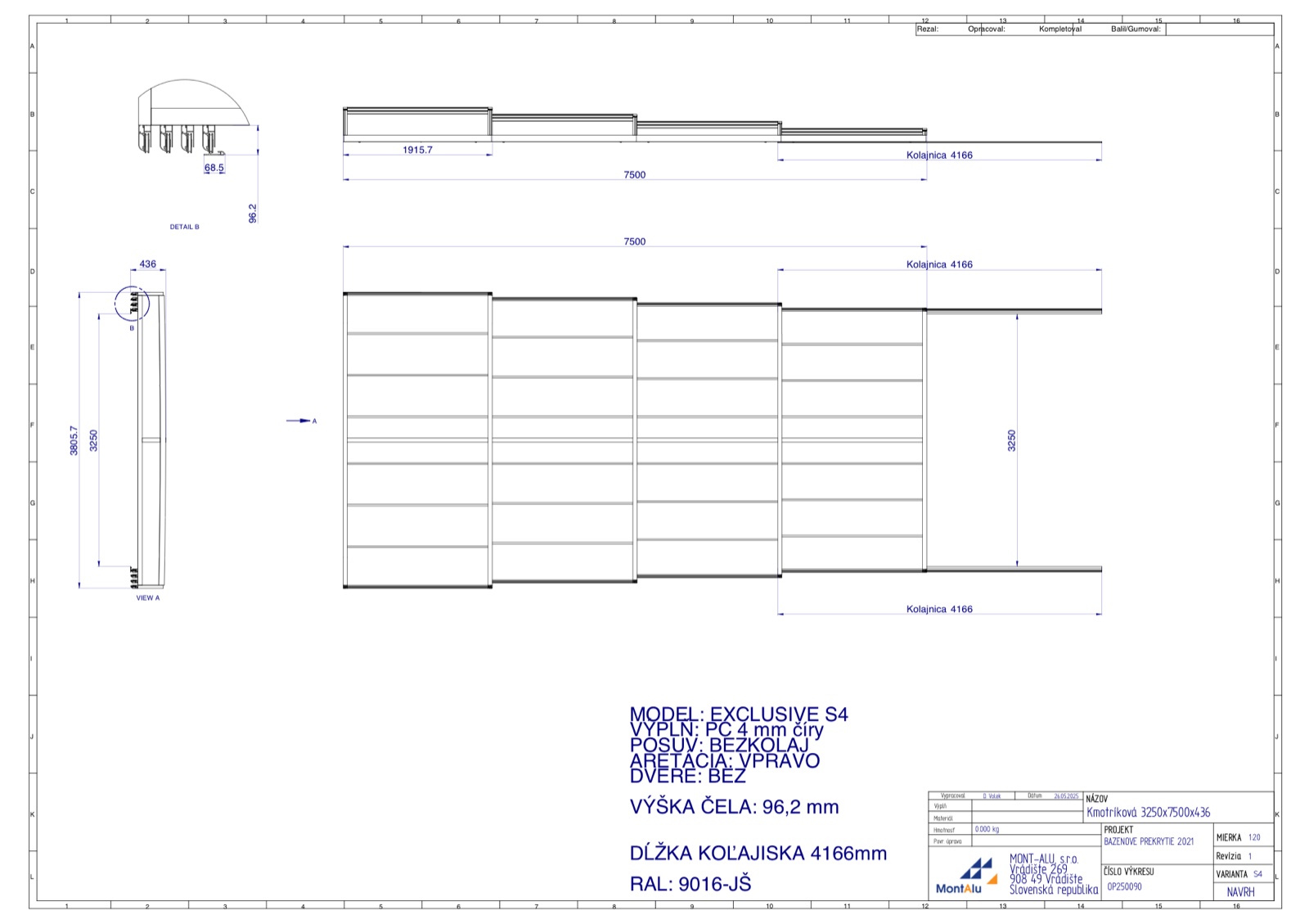 Technický výkres zastřešení bazénu - návrh 3250×7500 mm