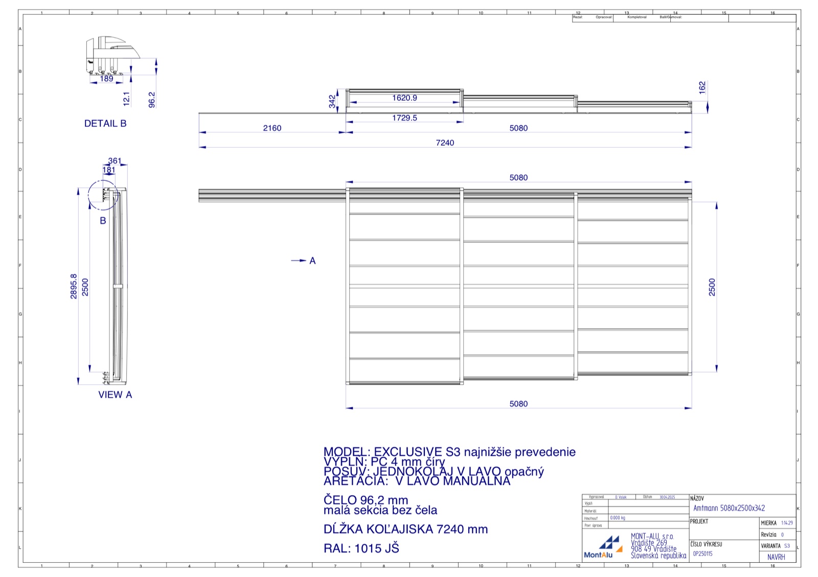 Technický výkres zastřešení bazénu - návrh 5080×2500 mm