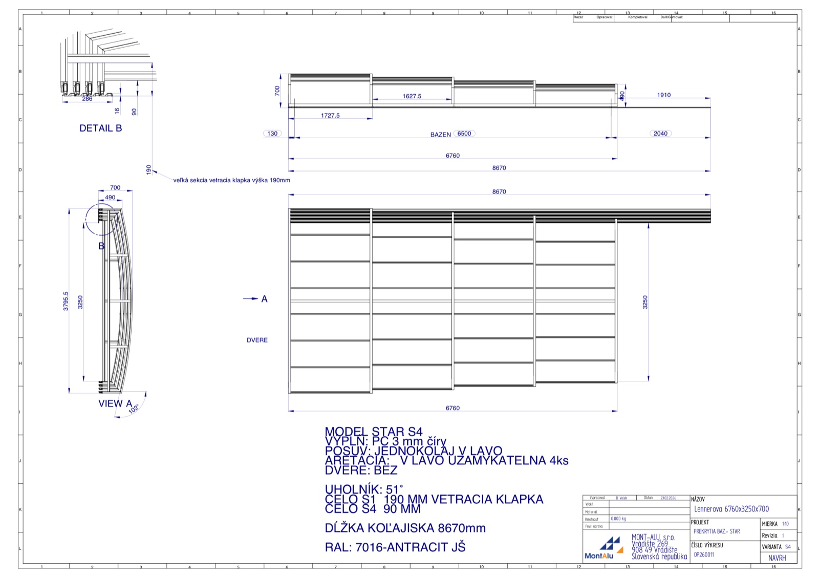 Technický výkres zastřešení bazénu - návrh 6760×3250 mm