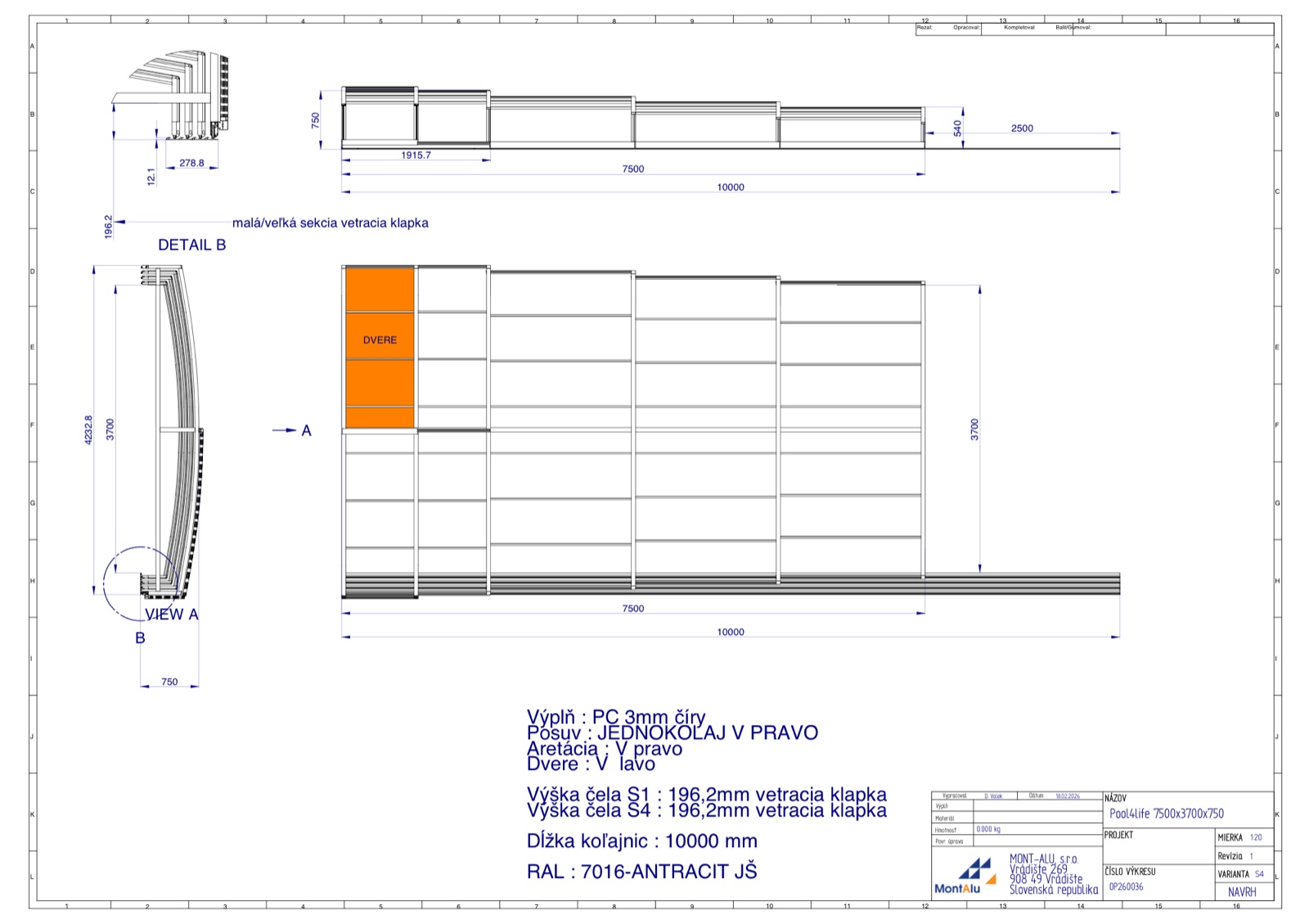 Technický výkres zastřešení bazénu - návrh 7500×3700 mm