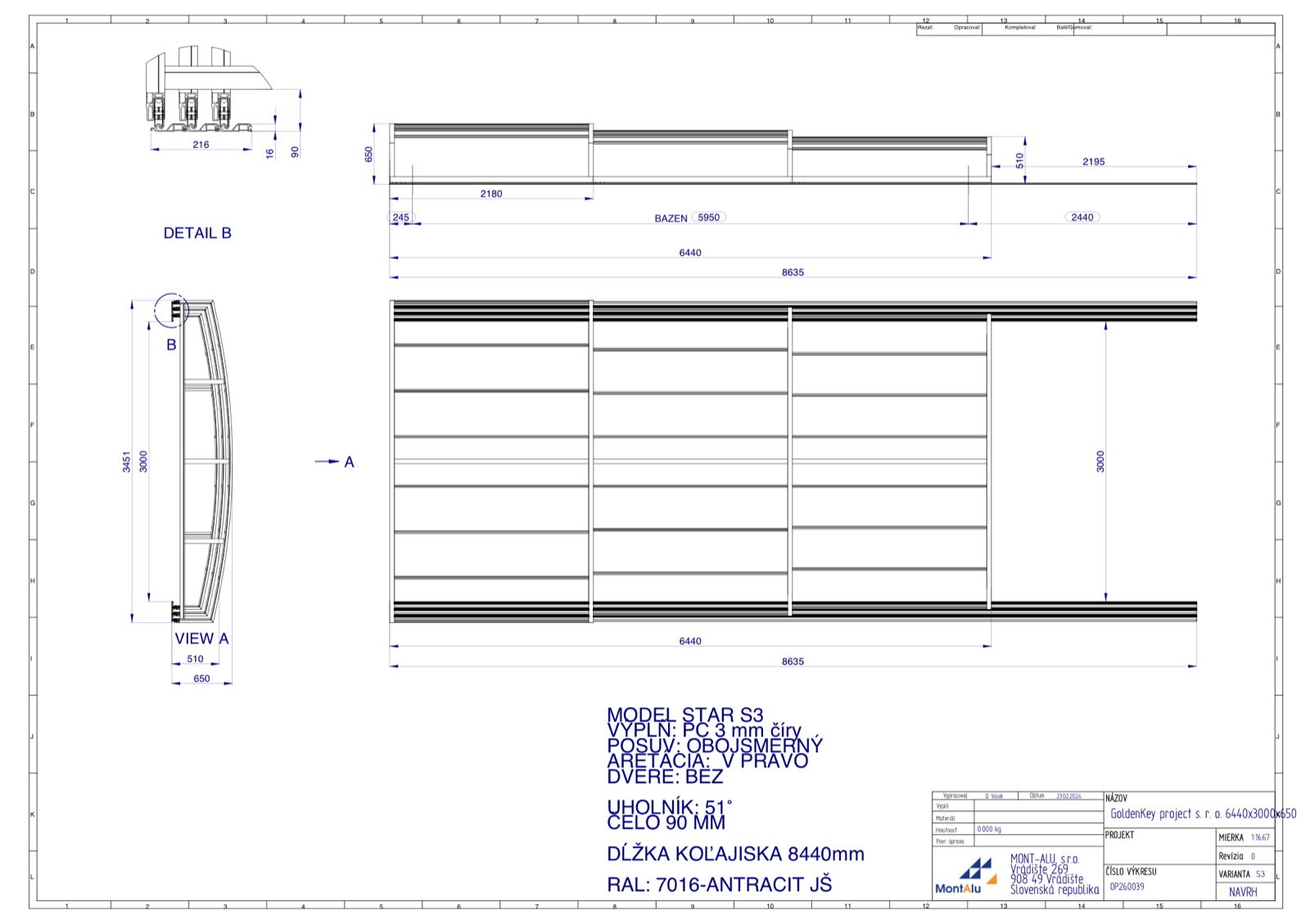 Technický výkres zastřešení bazénu - návrh 6440×3000 mm