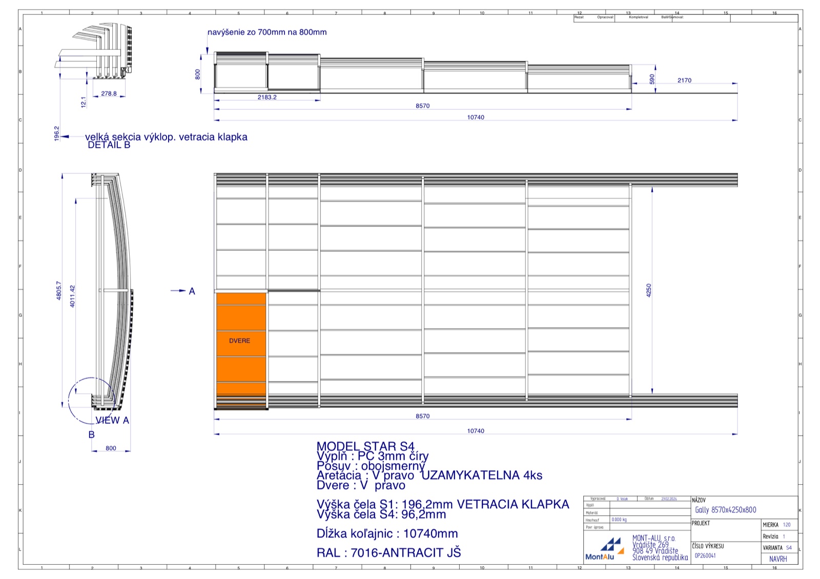 Technický výkres zastřešení bazénu - návrh 8570×4250 mm