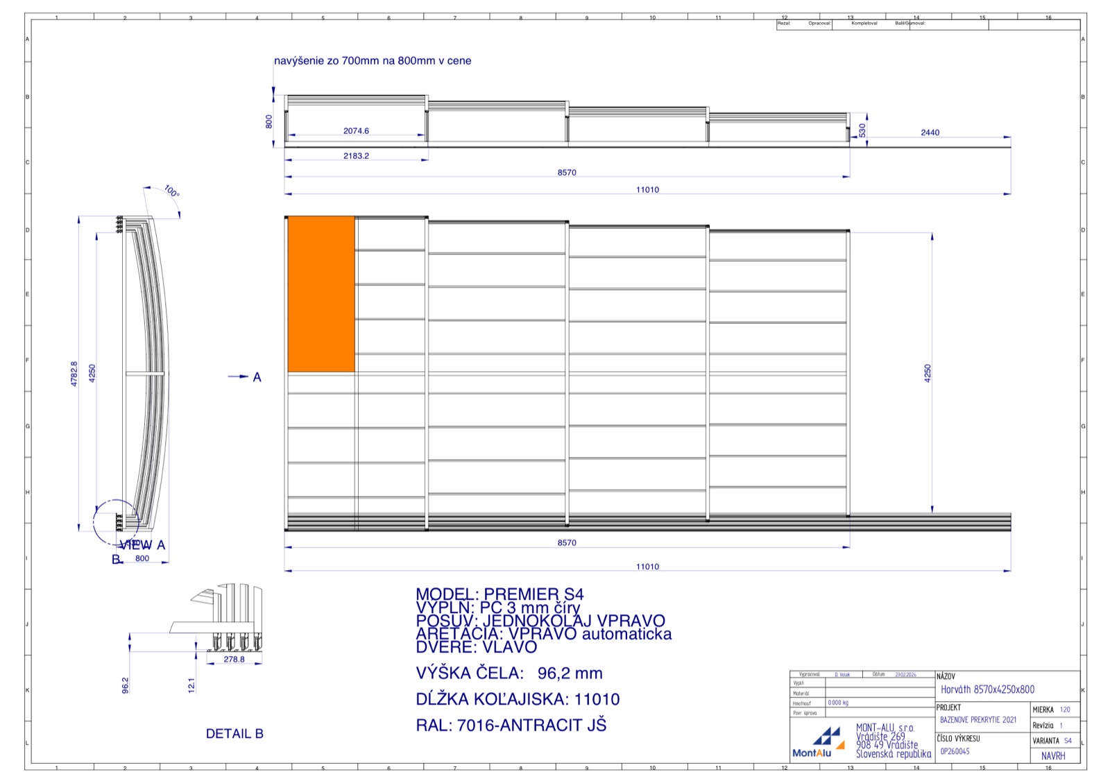 Technický výkres zastřešení bazénu - návrh 8570×4250 mm