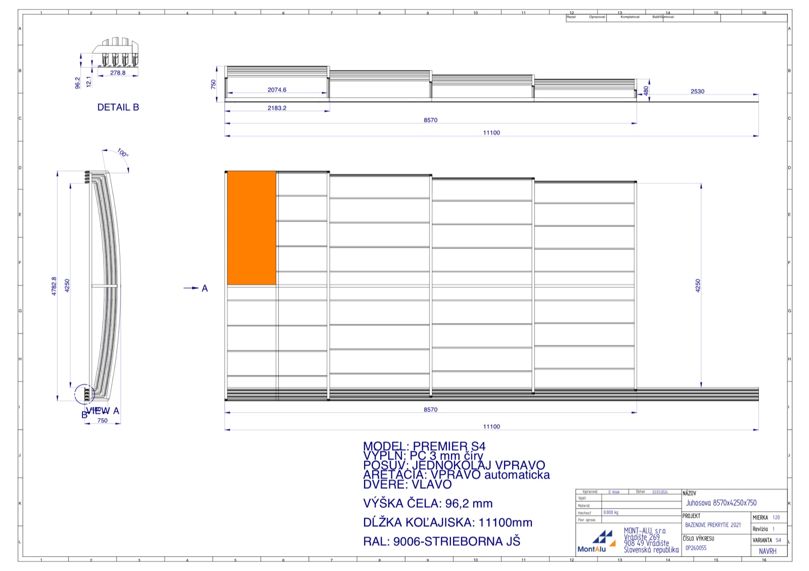 Technický výkres zastřešení bazénu - návrh 8570×4250 mm
