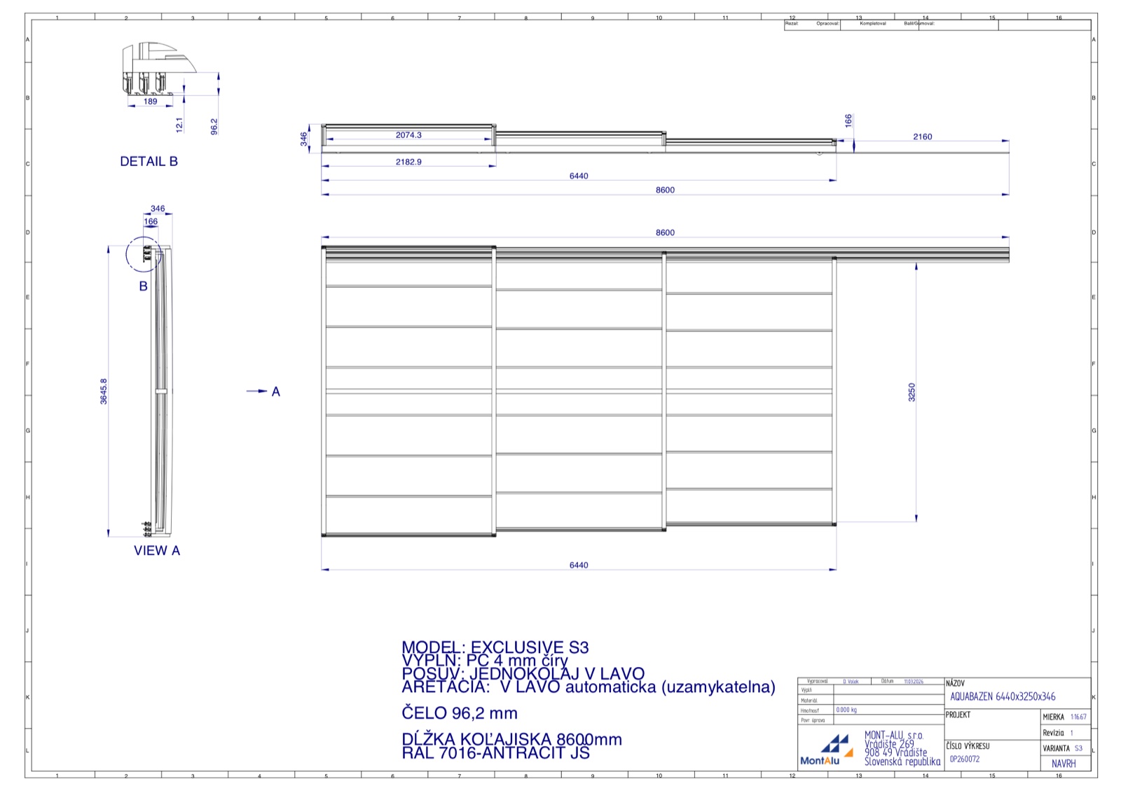 Technický výkres zastřešení bazénu - návrh 6440×3250 mm