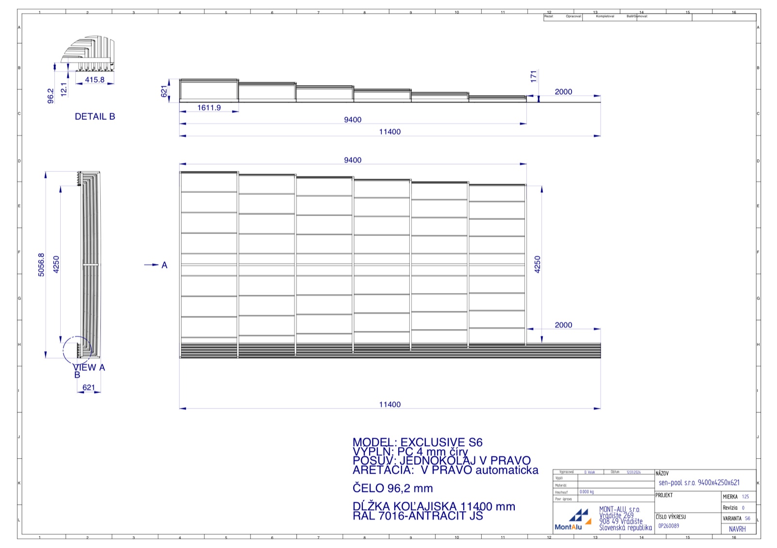 Technický výkres zastřešení bazénu - návrh 9400×4250 mm