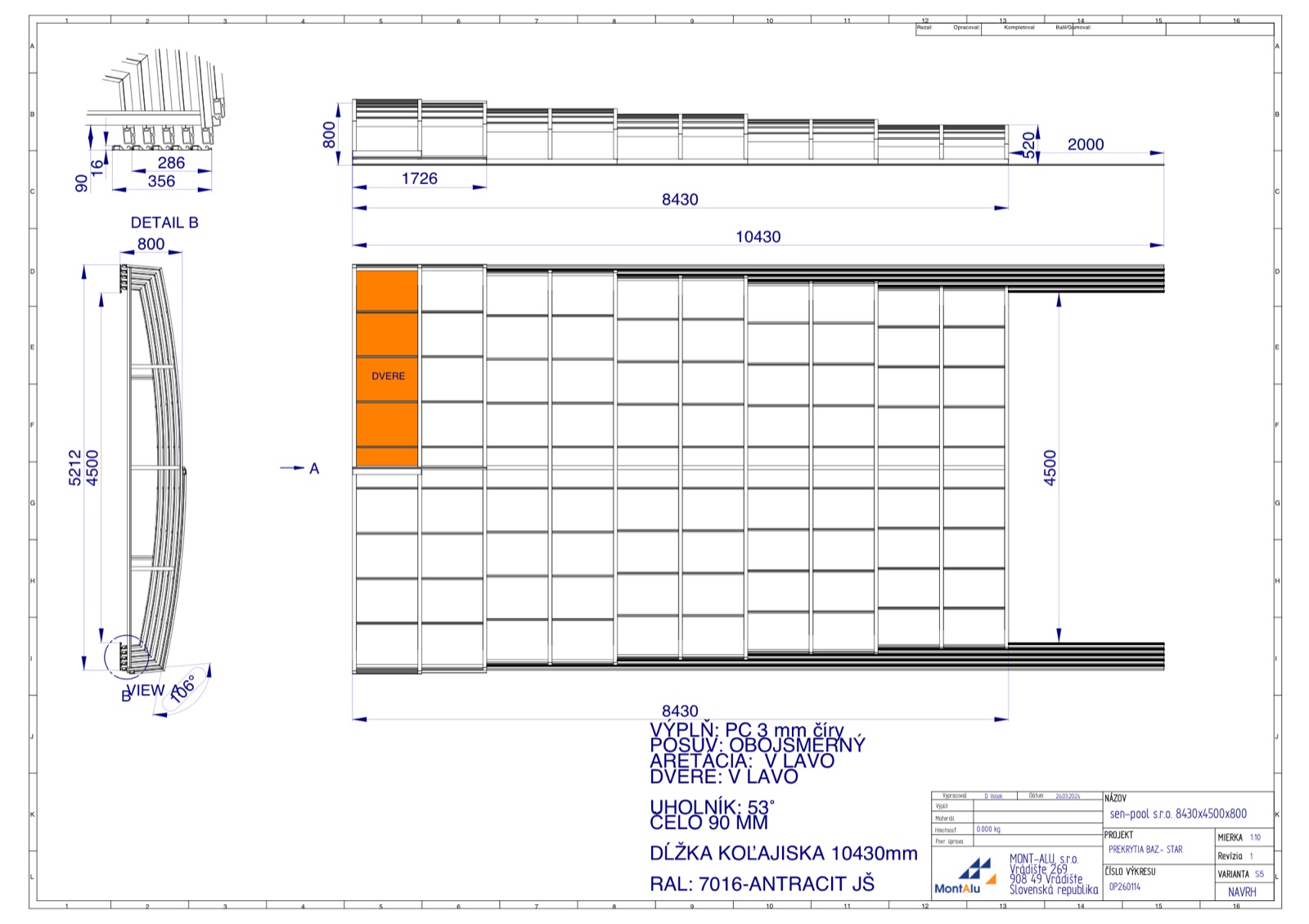 Technický výkres zastřešení bazénu - návrh 8430×4500 mm