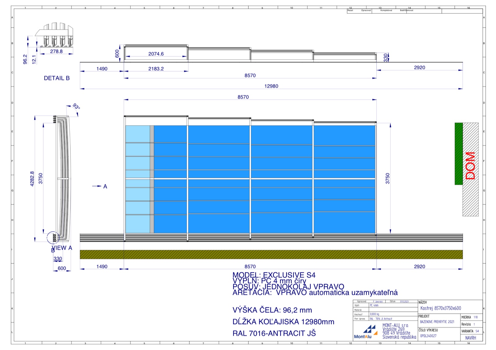 Technický výkres zastřešení bazénu - návrh 8570×3750 mm