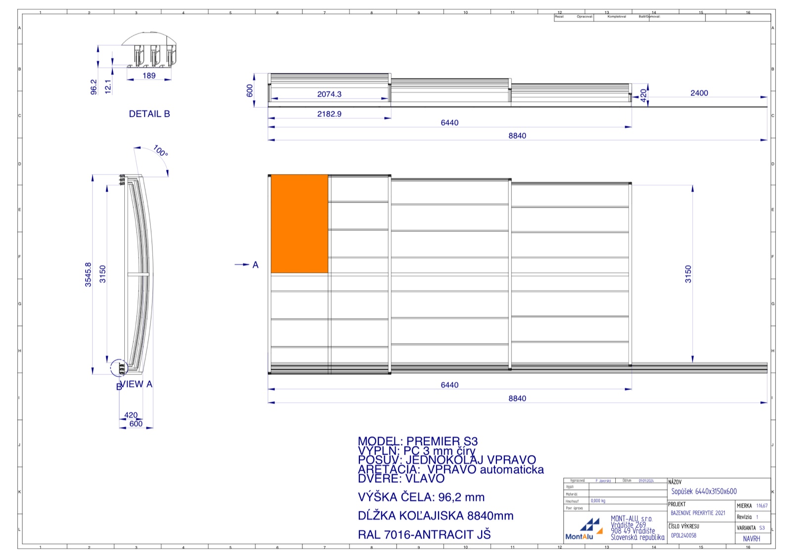 Technický výkres zastřešení bazénu - návrh 6440×3150 mm