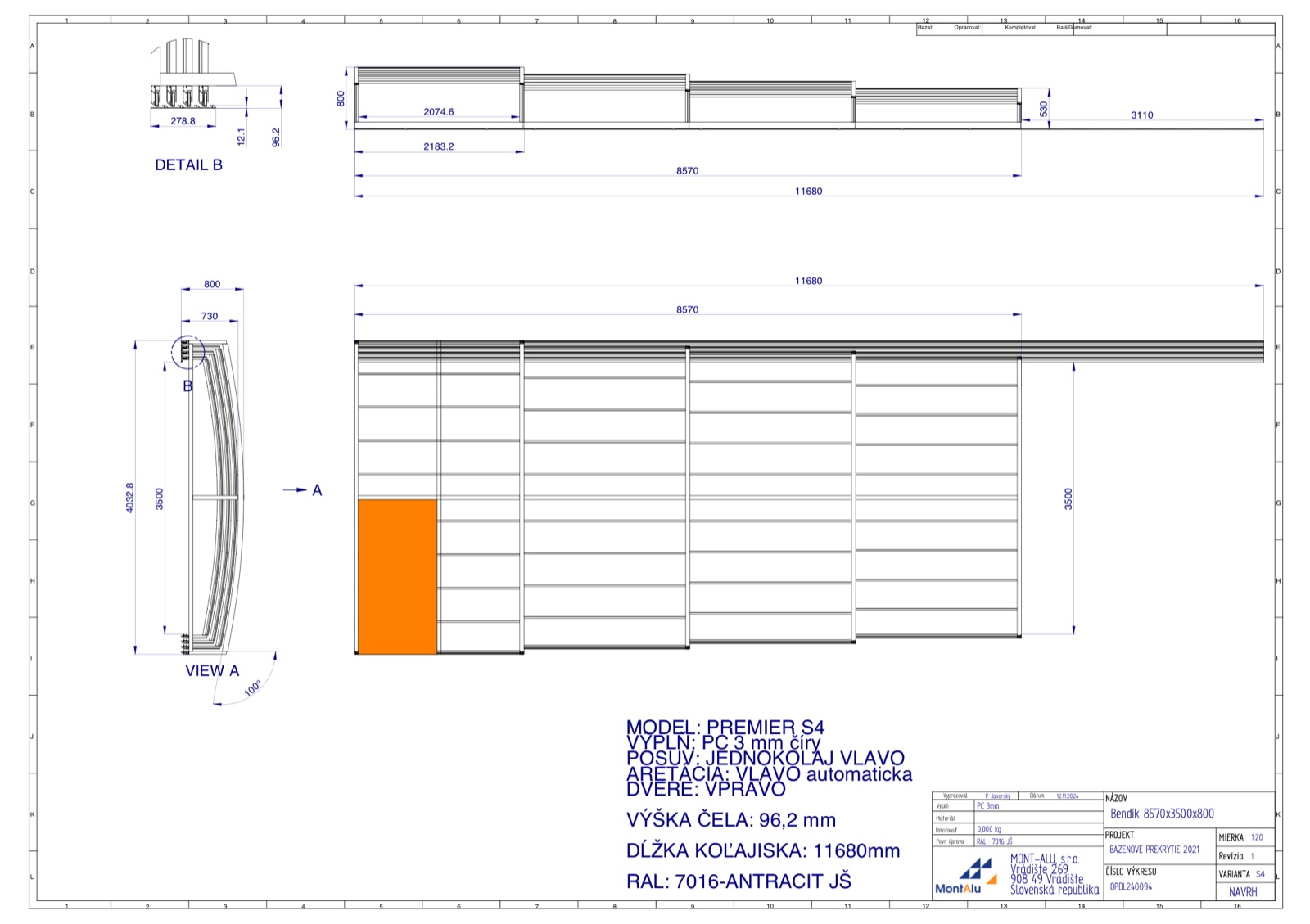 Technický výkres zastřešení bazénu - návrh 8570×3500 mm