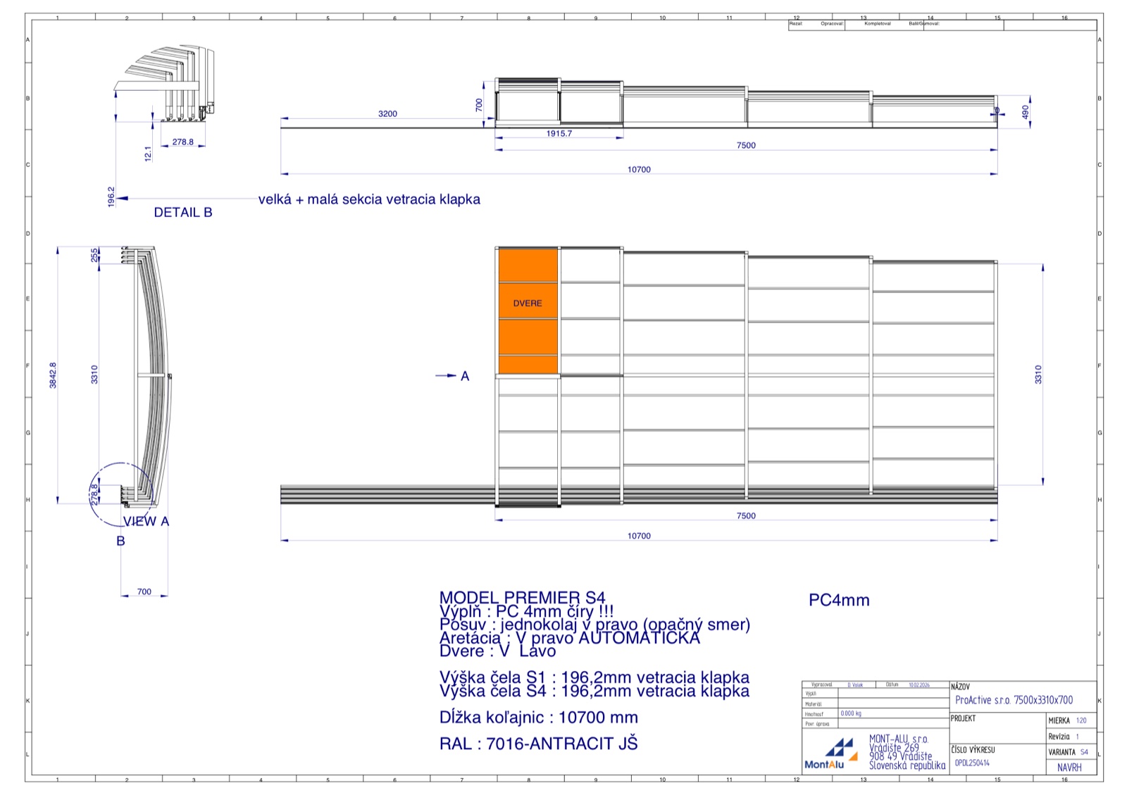 Technický výkres zastřešení bazénu - návrh 7500×3310 mm