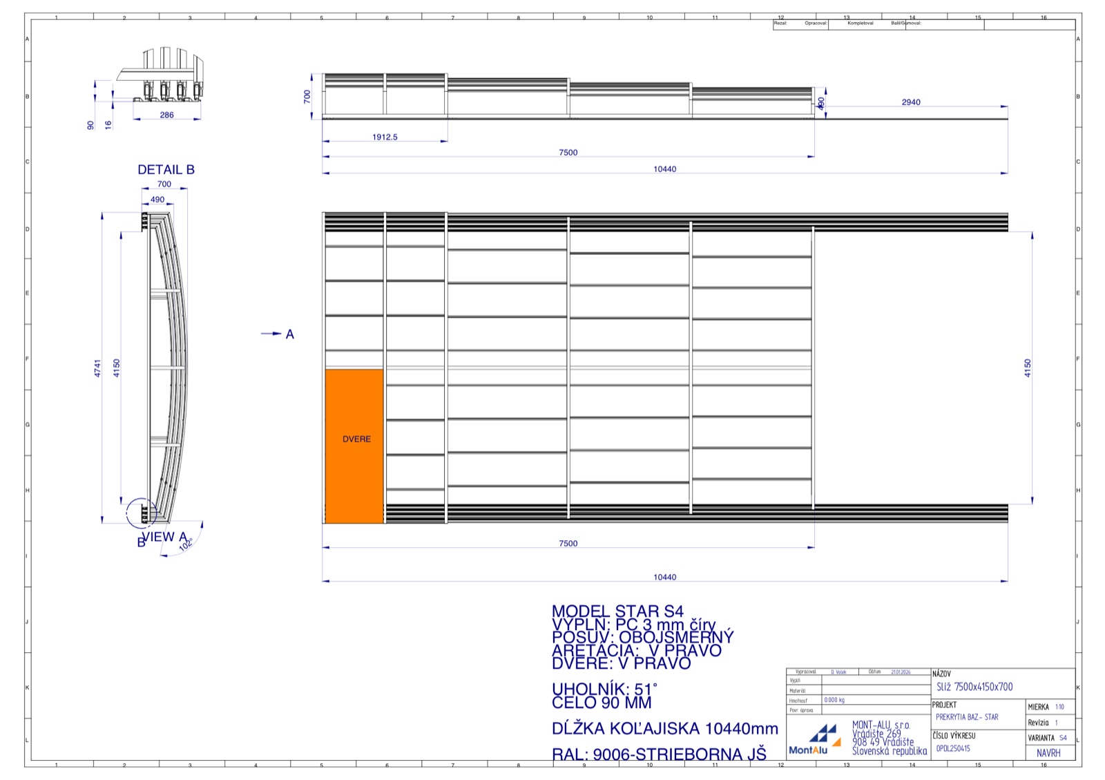 Technický výkres zastřešení bazénu - návrh 7500×4150 mm
