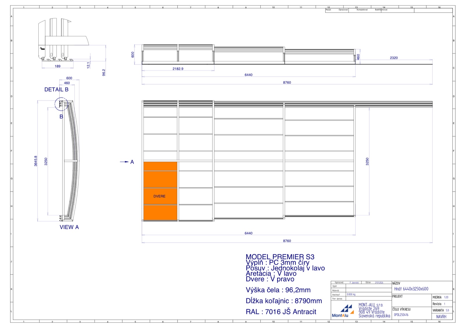Technický výkres zastřešení bazénu - návrh 6440×3250 mm