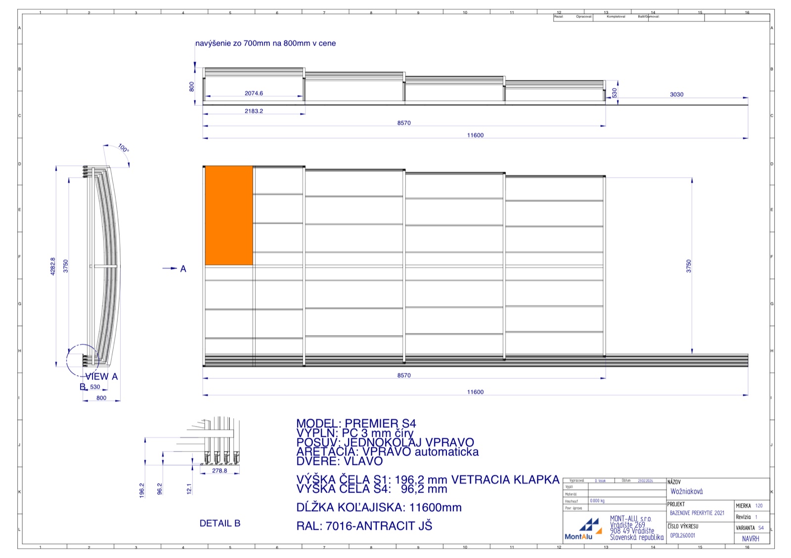 Technický výkres zastřešení bazénu - návrh 8570×3750 mm