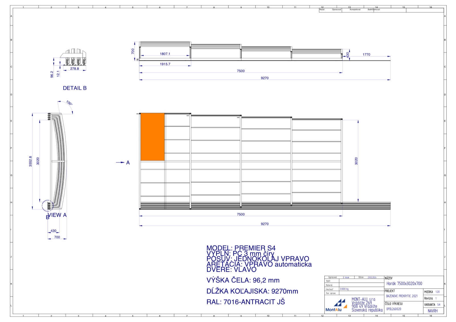 Technický výkres zastřešení bazénu - návrh 7500×3020 mm