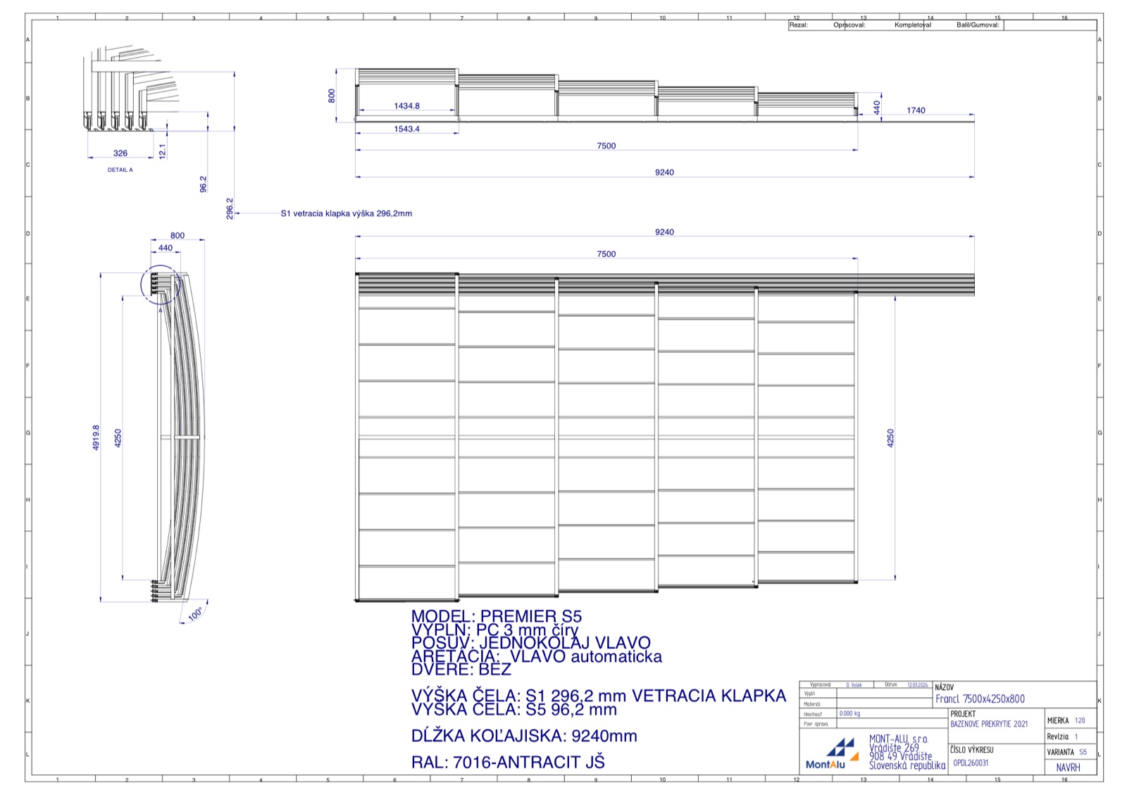 Technický výkres zastřešení bazénu - návrh 7500×4250 mm
