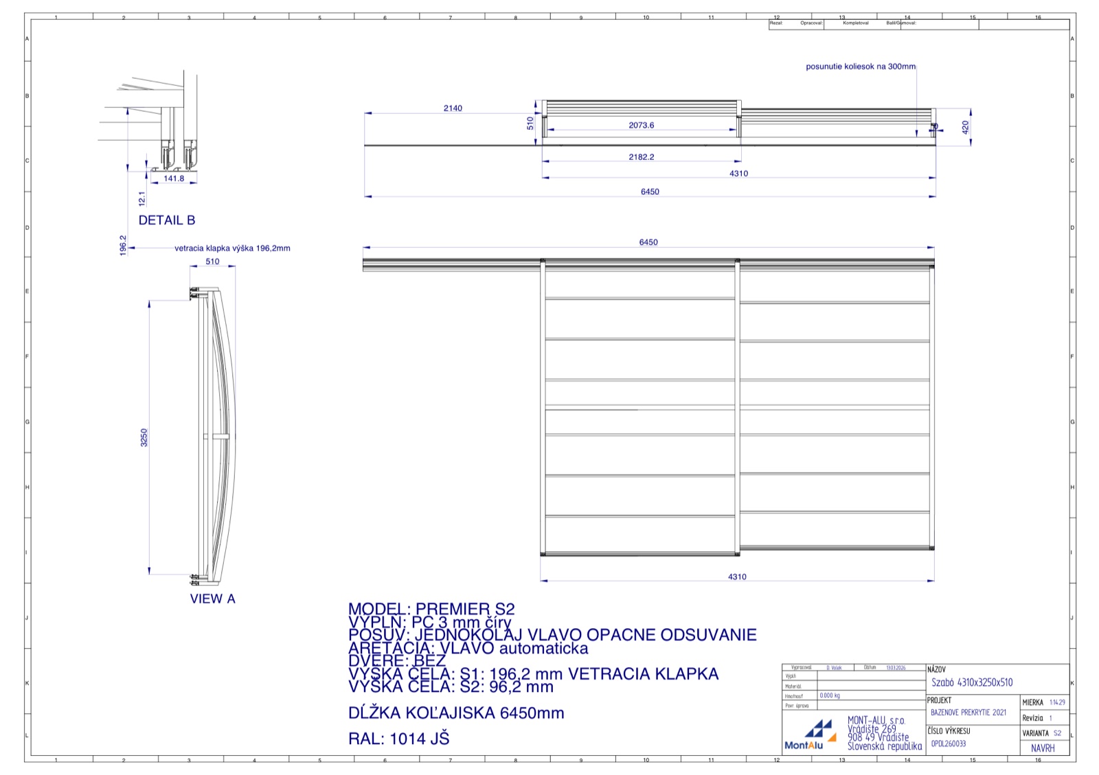 Technický výkres zastřešení bazénu - návrh 4310×3250 mm
