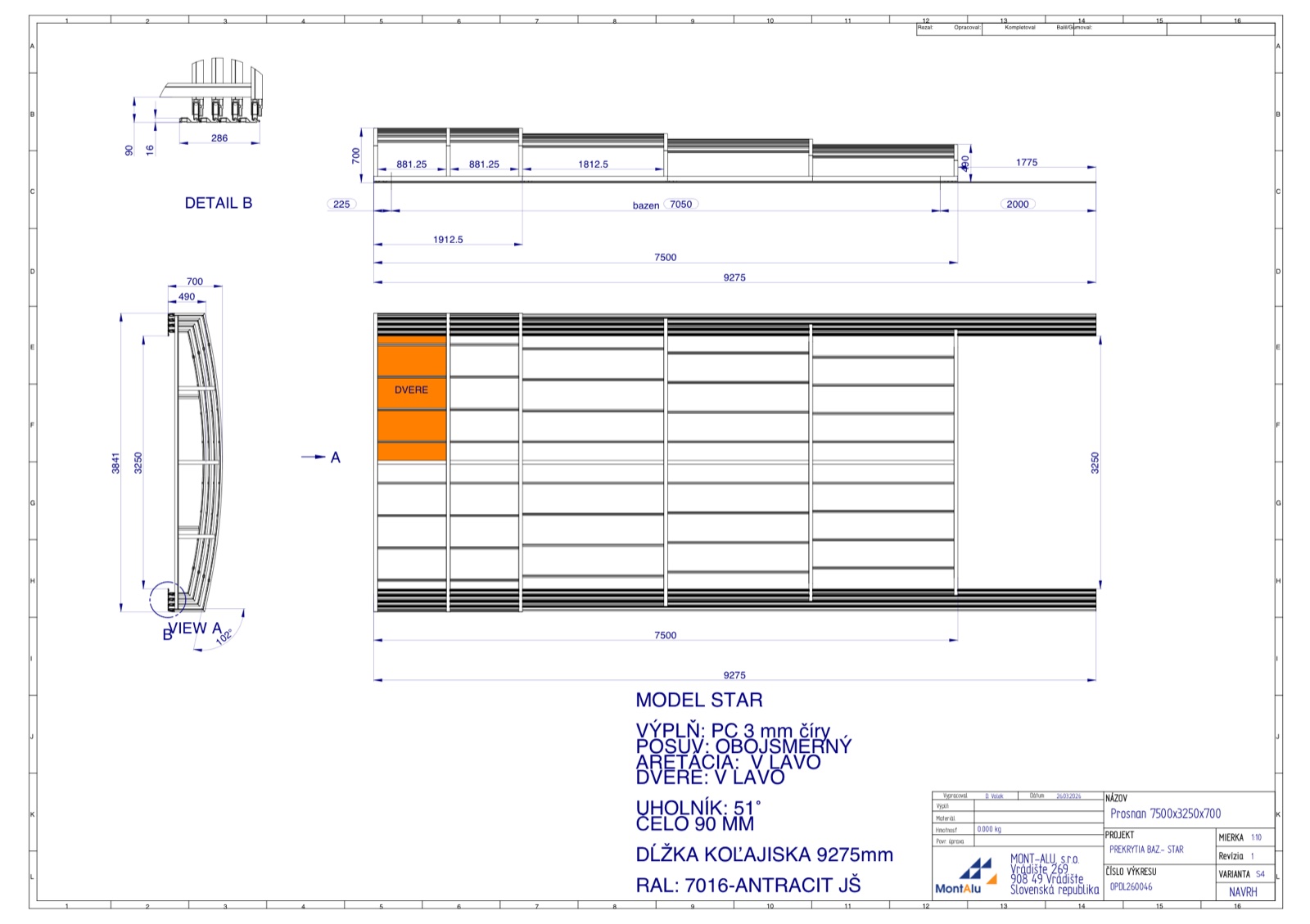 Technický výkres zastřešení bazénu - návrh 7500×3250 mm
