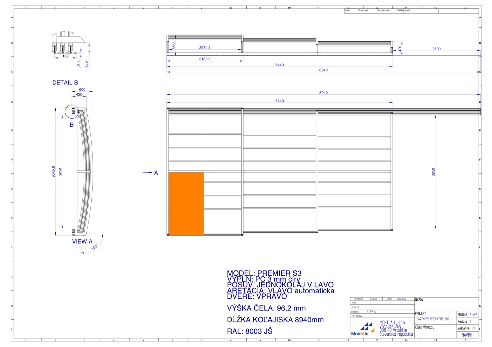 Technický výkres zastřešení bazénu - PREMIER 3 sekce