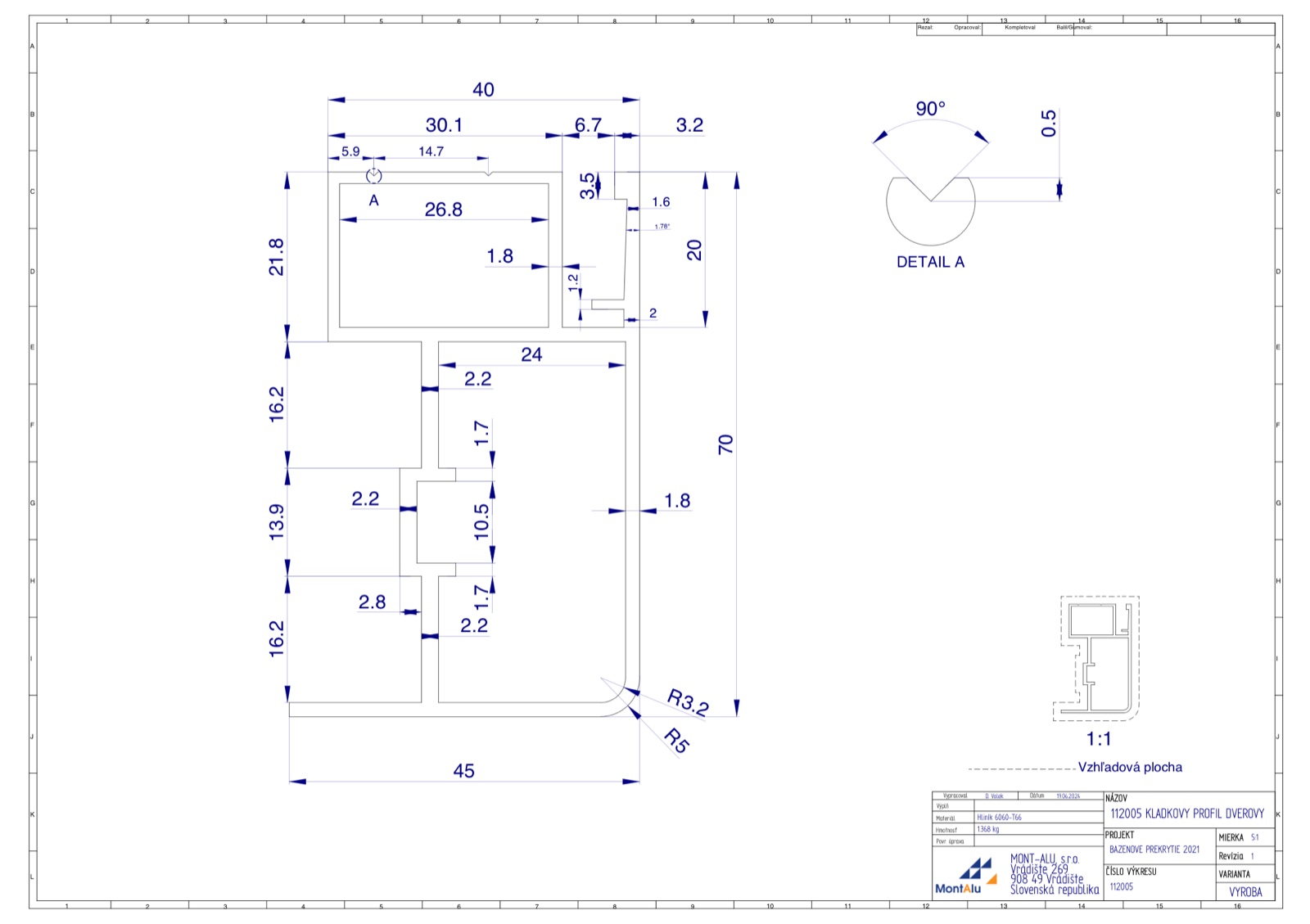 Hliníkový profil - kladkový profil dveřový (112005)